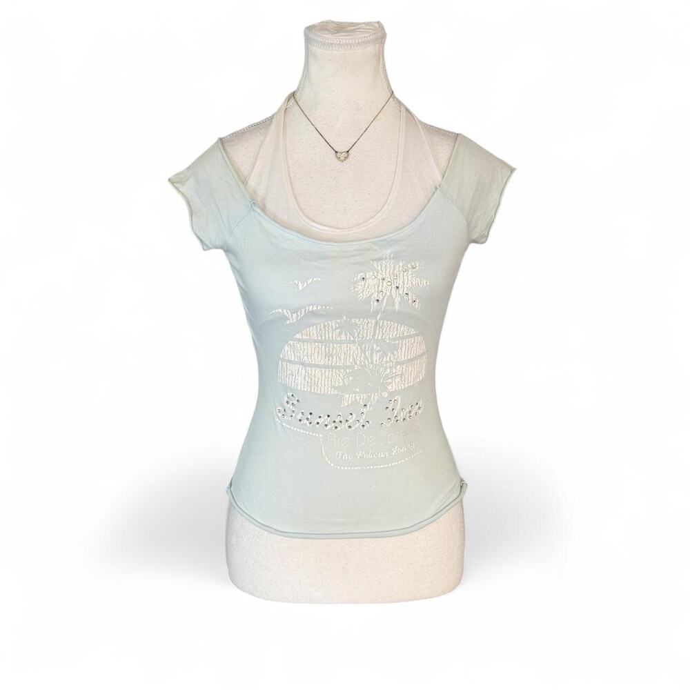 Y2K light blue layered halter top white graphic Mcbling detail true baby tee